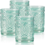 abrwyy Glassware set of 4, Vintage Drinking Glasses, 10oz Heavy Duty Glass Cups, Colored Glassware Set, Embossed Glasses Set for Party Wedding Home Office Glassesware Gift