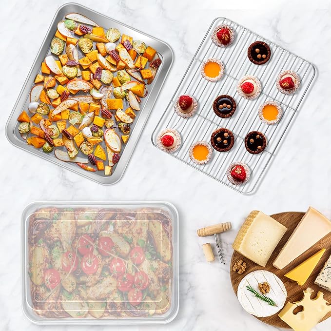 TeamFar Toaster Oven Pans, 10.5’’ x 8’’ Stainless Steel Small Bakeware with Rack & Lid for Baking Cooling Storing, Non-Toxic & Heavy Duty, Deep & Visible Lid, Dishwasher Safe-4 PCS