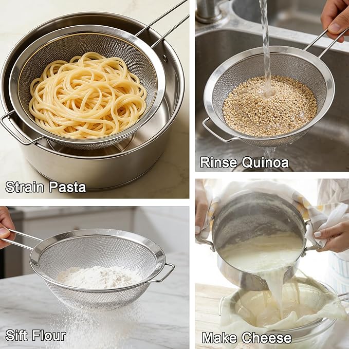 8.7" Large Fine Mesh Strainer Set with Sturdy Handle, Stainless Steel Sieve Flour Sifter, Kitchen Metal Colander for Rice, Quinoa, Pasta, Fruit, 2 Pack