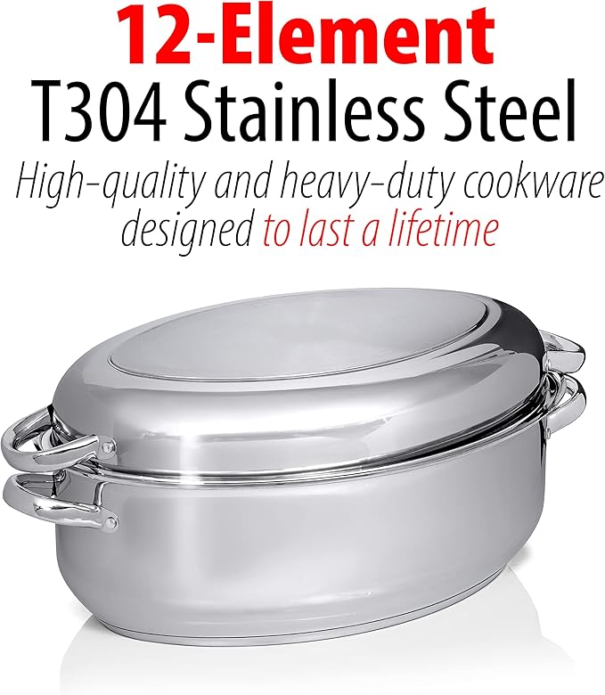 Precise Heat Roasting Pan with Rack and Lid, T304 Stainless Steel Multi-Use Oval Dutch Oven, 18 Inch, 14 Quart