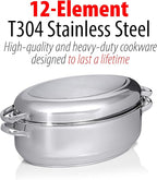 Precise Heat Roasting Pan with Rack and Lid, T304 Stainless Steel Multi-Use Oval Dutch Oven, 18 Inch, 14 Quart