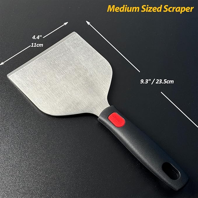 Vovoly Wide Griddle Scraper, 4.3“x4.3'' Smashed Burger Scraper Grill Scraper Spatula Burger Turner - Full Tang Silicon Handle Professional Grade Grill Accessories, Knife Grade Stainless Steel