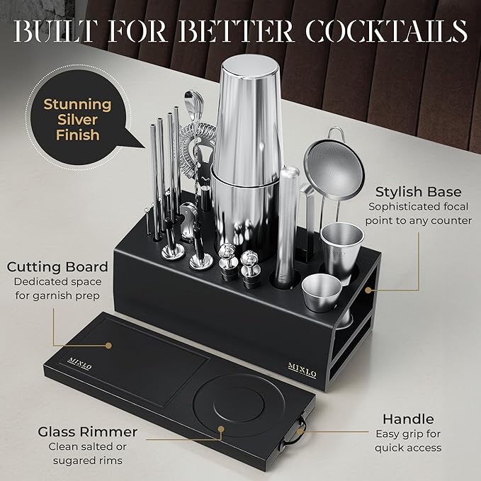Mixology Bartender Kit - 22Pcs Bar Set Cocktail Shaker Set w Black Bar Cart Accessories Stand - Shakers Bartending Silver Tools, 24oz Shaker, 17 Recipe Cards, Martini Barware