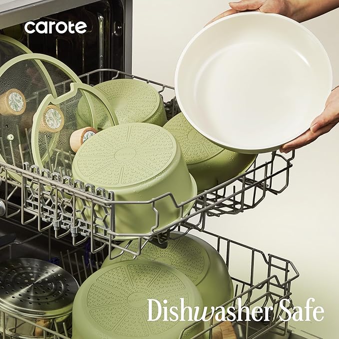 CAROTE 25-Piece Ceramic Cookware Set, Nonstick Pots and Pans Set with Detachable Handle, Non-Toxic Kitchen Cooking Set, Dishwasher & Oven Safe, Induction Compatible, PFAS Free, Green