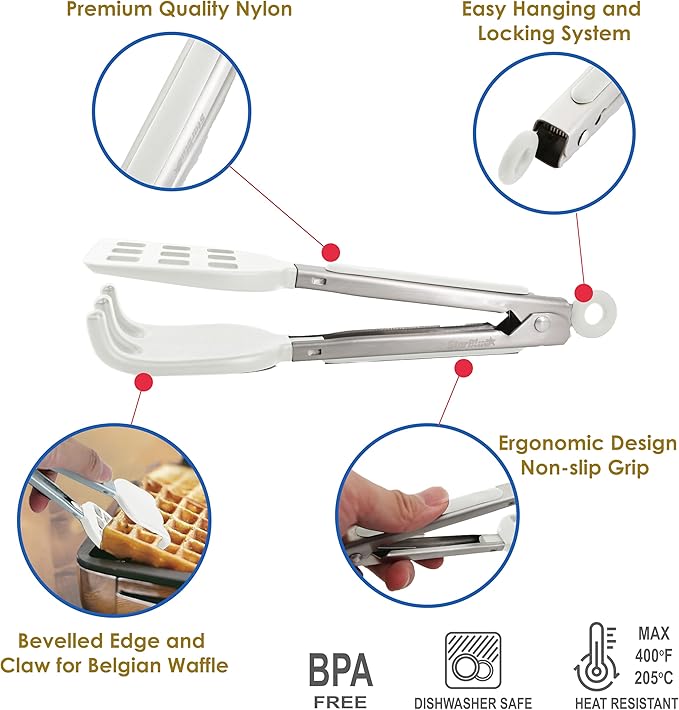 Mini Waffle Tongs by StarBlue White – 8 Inches Silicone and Nylon Serving Tongs with Non-Slip Smooth Handles, Non-Scratch and Dishwasher Safe, Multipurpose Spatula Tongs for Belgian Waffle Serving