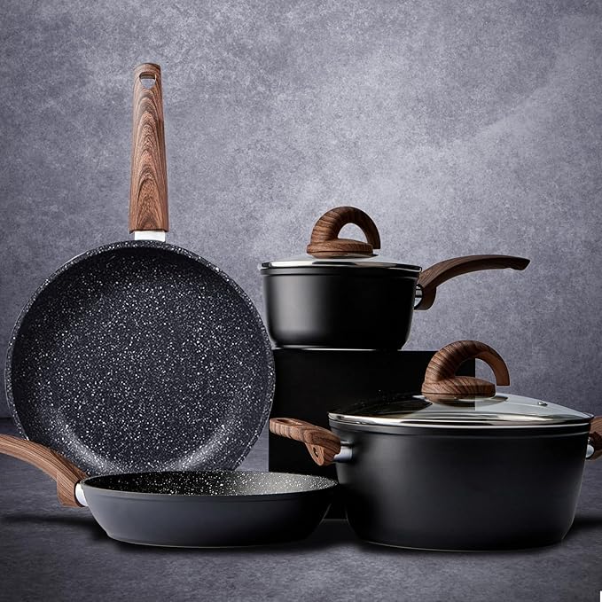 Vkoocy Pots and Pans Set Non Stick, Ceramic Cookware Set with Granite Pattern Kitchen Cooking Sets Induction Pot and Pan w/Frying Pans, Saucepans, Casserole, Non-Toxic, PTFE/PFOA/PFOS-Free, Black