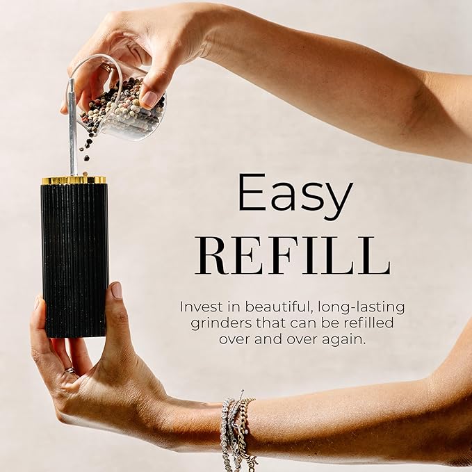 Wooden Salt and Pepper Grinder Set – Refillable Manual Salt and Pepper Mills with Adjustable Ceramic Burrs, Gold Detailing, and Wood Stand – Black
