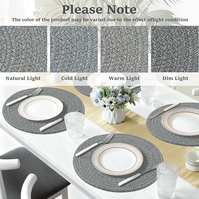 Round Placemats Set of 6, Cotton Rope Woven Table Mats, Hot Pads for Kitchen, Non Slip Heat Resistant Place Mats, 13 Inches Braided Placemat for Farmhouse Decor and Kitchen Table Decor (Gray)