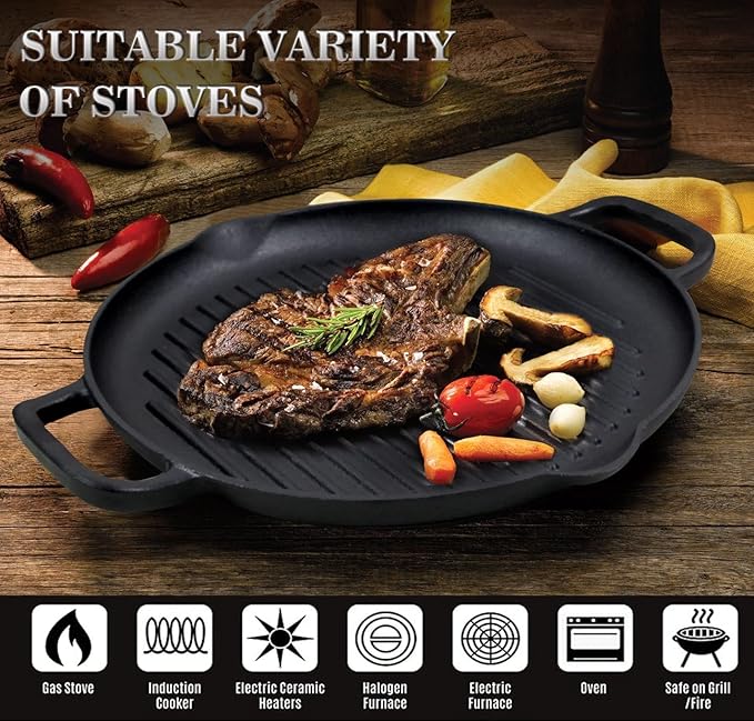 Cast Iron Grill Pan, 12.6 inch Griddle Pan with Dual Handles, Pre-Seasoned Heavy-Duty Cast Iron Skillet for Stovetop, Oven, Indoor & Outdoor BBQ Use