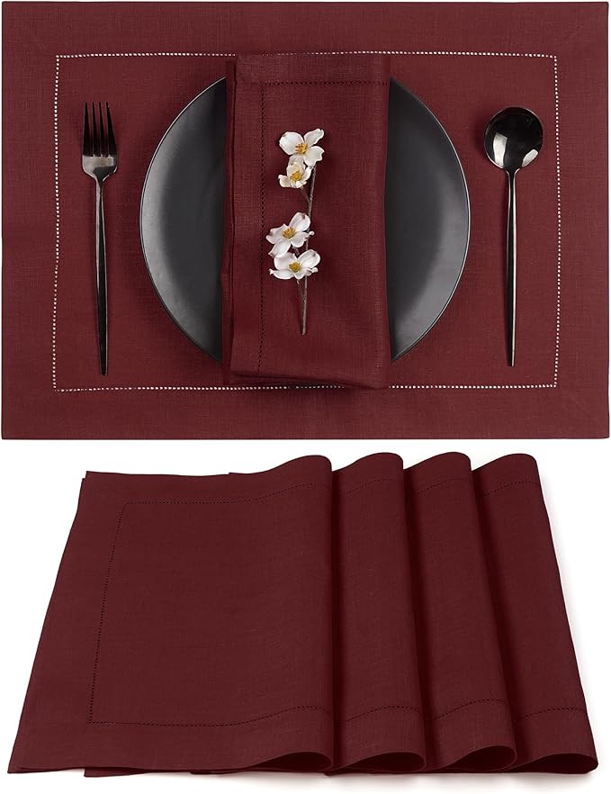 D'Moksha Homes Linen Placemats Set of 4 - Classic Hemstitch Dark Red Placemats 14 x 19 Inch - 100% Pure Linen Table Mats for Valentines, Holiday, New Year - Handcrafted and Machine Washable