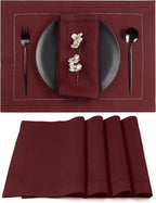 D'Moksha Homes Linen Placemats Set of 4 - Classic Hemstitch Dark Red Placemats 14 x 19 Inch - 100% Pure Linen Table Mats for Valentines, Holiday, New Year - Handcrafted and Machine Washable
