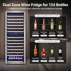 24" Wide Dual-Zone Wine Fridge 154-Bottles, Tall Freestanding/Built-in Wine Cooler Refeigerator, Large Capacity Dual Zone Wine Cellar For Wine Collection, Low Noise and Fast Cooling