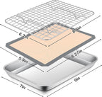 P&P CHEF 9 x 7 x 1 Inch Toaster Oven Pan with Grid Rack and Silicone Mat, Stainless Steel Toaster Oven Tray Baking Pan with Cooling Roasting Rack, Dishwasher Safe (3Pcs)