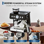 Garvee Stainless Steel Espresso Machine with Grinder & 20 Bar Pressure, 2.8L Removable Water Tank, Milk Frother Steam Wand for Latte/Cappuccino - Adjustable Shot Volume, Professional Home/Office Use