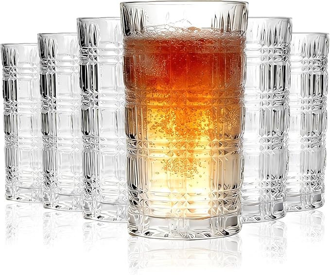 Crystal Highball Glasses Set Of 6-14 Ounce Clear Tom Collins Glasses - Textured Designer Glassware For Whiskey,Drinks, Water, Beer, Soda