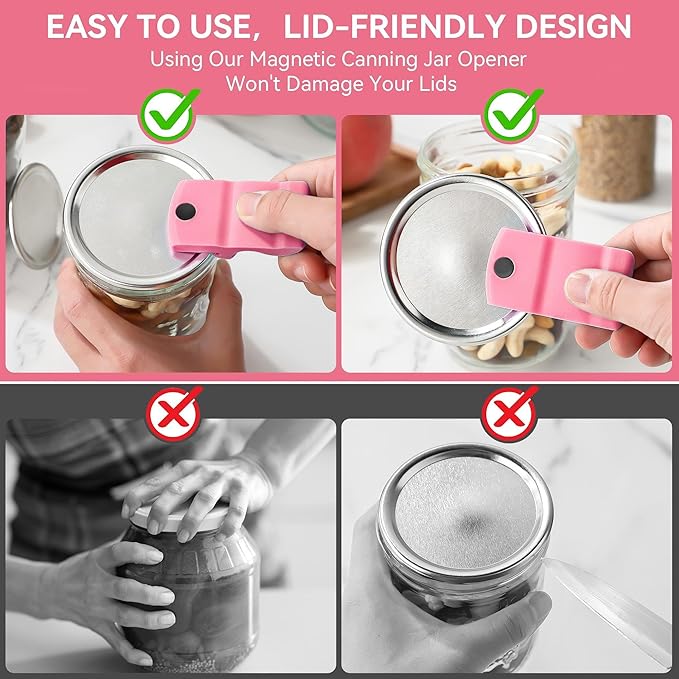 2 Pack Canning Jar Opener with Magnets, Mason Jar Opener For Canning Lids, Regular and Wide Mouth Lids, Powerful Magnet for Easy Refrigerator Storage, Releases Vacuum Seal– Patent Pending(Pink)