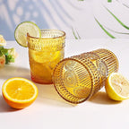Loivttvv 12pcs Vintage Drinking Glasses Set, 12 oz Highball Glasses & 9 oz Embossed Ribbed Glassware Cups for Thanksgiving Cocktail, Juice, Coffee, Whiskey (Amber)