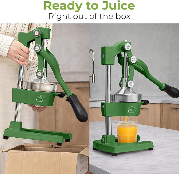 Zulay Kitchen Cast Iron Juicer - Easy-to-Clean Heavy-Duty Manual Juicer, Professional Citrus Juicer - Stainless Steel Lemon Squeezer - Manual Citrus Press & Orange Squeezer - Orange Juicer – Green