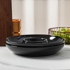 LEHAHA Porcelain Chip and Dip tray, set of 2, Ceramic Divided Serving Tray for Parties, Round Dip Platter and Salsa bowl Perfect for chips, salsa, candy, olives, nuts, fruit and veggies, Bright Black