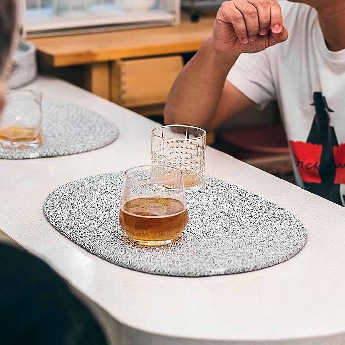 Placemats Set of 6 Oval – Woven Boho Farmhouse Table Mats for Dining Table for 6, Kitchen Decor, Washable and Handmade Rustic Table Accessories (Oval Plus, Gray Mixed)