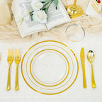 WELLIFE 450 PCS Clear Gold Disposable Dinnerware Set for 75 Guests, Clear and Gold Plastic Plates for Party, 75 Dinner & Salad Plates, Cups, Spoons Forks Knives for Wedding and Party Anniversary