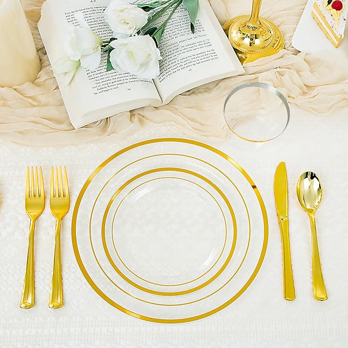 WELLIFE 450 PCS Clear Gold Disposable Dinnerware Set for 75 Guests, Clear and Gold Plastic Plates for Party, 75 Dinner & Salad Plates, Cups, Spoons Forks Knives for Wedding and Party Anniversary