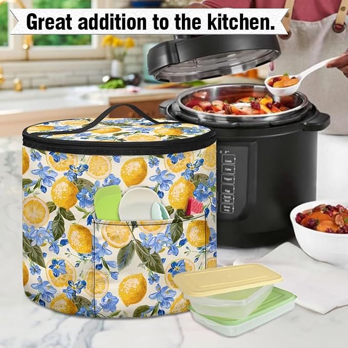 Lemon Insulated Pressure Cooker Appliance Cover, Also Fit for Rice Cooker, Air Fryer and Crock Pot, 6 Qt Dust Cover with Pocket for Spoon/Cooking Utensils/Recipes
