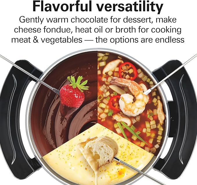Hamilton Beach 12 Cup Electric Fondue Pot Set with Temperature Control, 6-Color Coded Forks, for Cheese, Chocolate, Hot Oil, Broth, 3 Quart PFAS-Free Nonstick Interior, Gray (86202)