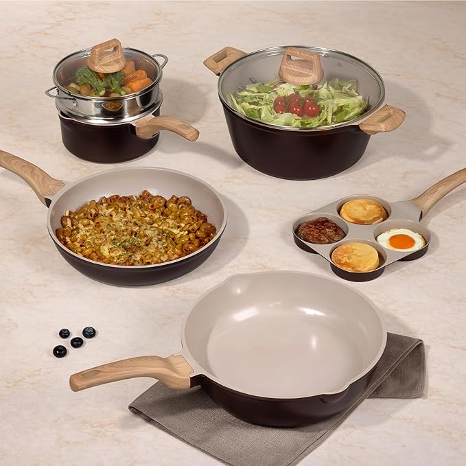 CAROTE 21 PCS Ceramic Cookware Set, Pots and Pans Set Non Stick, Pot and Pan Set with Frying Pan, Induction Ready Cooking Set for Kitchen, PFOS/PFOA/PFAS Free, Brown