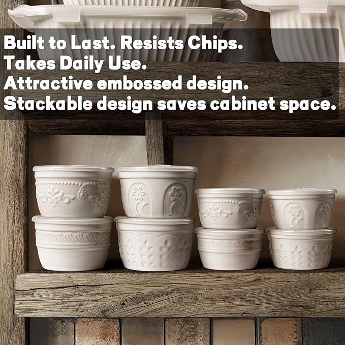 Artena Ramekins with Lids, Creme Brulee Ramekins Oven Safe, Ceramic Pudding Cups, Souffle Cups, Custard Cups, Dipping Sauce Cups, Food Storage Containers with Lids, Set of 4 (Damask Floral, 8 oz)