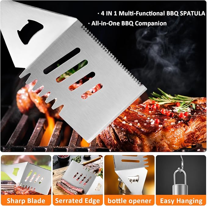 26-Piece BBQ Grill Accessories Set | Ultimate Grilling Tools for Men - Heavy Duty Stainless Steel BBQ Utensils Kit with Aluminum Case & Grill Brush for Dad (Stainless)