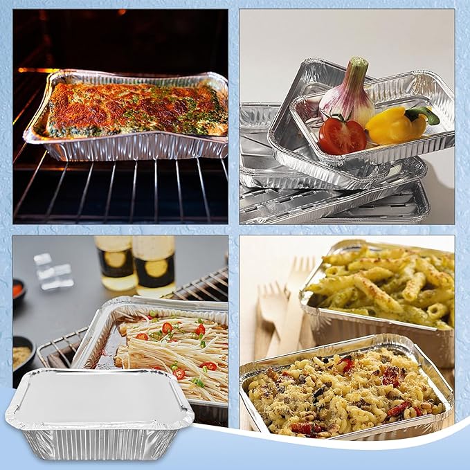 iHomeSet 100 Pack 1 lb Disposable Aluminum Foil Pans Meal Prep Take Out Food Containers with Paper Lids for Catering, Baking, Roasting Food, Freezer Safe