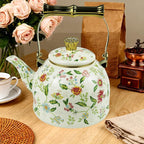 Vintage Enamel Tea Kettle, Fragrant Flowers Pattern Stovetop Teapot with Gold Handle, 2.5L Enamel Kettle Kitchen Decor, Ideal Gift for Housewarming Camping Coffee Pot