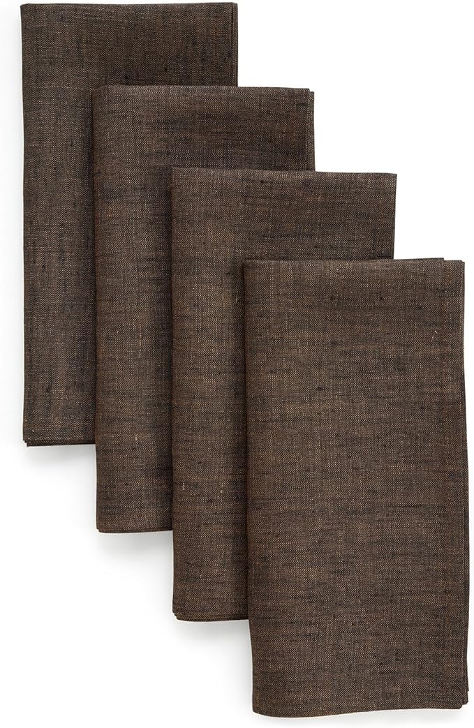 Solino Home Linen Cloth Napkins Set of 4-100% Pure Linen Chambray Brown Dinner Napkins 20 x 20 Inch for Winter - Athena, Handcrafted and Machine Washable