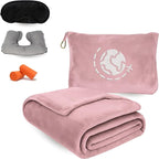 Travel Blanket and Pillow Compact – 4-in-1 Soft Fleece Airplane Blanket with Bag Pillowcase, Neck Pillow, Eye Mask & Earplugs, Lightweight Portable Flight Blanket 60"x43" (Pink)