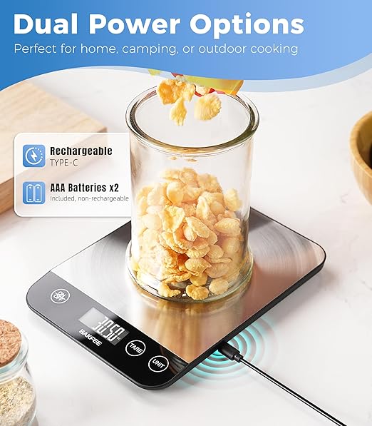 Food Scale, 33lb Rechargeable Kitchen Scale with Stainless Steel, Grams and Ounces, USB Charging, 1g High Accuracy for Baking, Cooking & Food Prep, Black, BK806