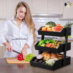 Bamboo 3 Tier Fruit Basket For Counter, Large Capacity Fruit Storage Countertop, Fruit Holder, Wooden Pantry Organizers and Storage, Kitchen Countertop Organizer With Two Banana Hangers (Black)