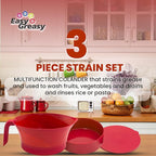 Colander Grease Strainer With Handle And Container, Catch Bowl With Lid 3 Piece Strain Set | Strains Ground Beef, Bacon & Pasta | Safe Kitchen Gadget BPA Free | Made In The USA (Red)