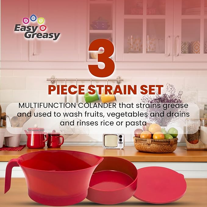 Colander Grease Strainer With Handle And Container, Catch Bowl With Lid 3 Piece Strain Set | Strains Ground Beef, Bacon & Pasta | Safe Kitchen Gadget BPA Free | Made In The USA (Red)