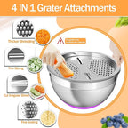 Nicdiet Mixing Bowls with Airtight Lids, Stainless Steel Mixing Bowl Set with 3 Metal Nesting Bowls, Colander & Grater, Non-Slip Bottoms, Size 1.5, 2.5, 5 QT, Great for Mixing & Serving, Mutilcolor