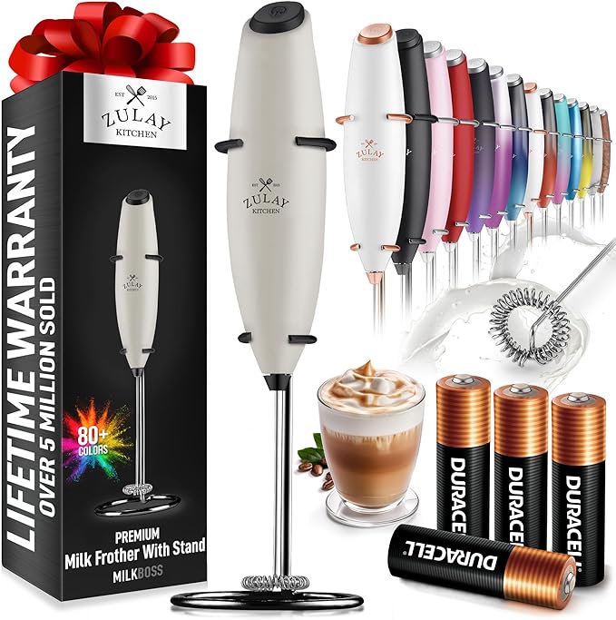 Zulay Kitchen Powerful Milk Frother Wand With 4 AA Duracell Batteries - Ultra Fast Handheld Drink Mixer - Electric Whisk Foam Maker for Coffee, Lattes, Cappuccino, Matcha & Creamer - Gray & Black