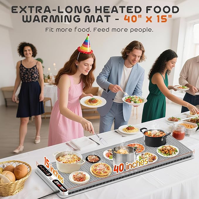 Extra Large Food Warming Mat 580W (XXXL 40"X15"), Electric Warming Tray Silicone Food Warmers for Parties Buffet with Insulated Mat, 7-Temp & 8H Timer, Fast Heating Portable Heating Pad for Daily Use