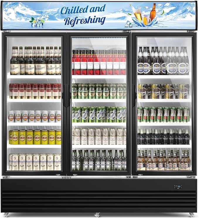 Tylza Commercial Refrigerator, Three Glass Door Display Beverage Fridge, 59.06 Cu Ft Upright Beverage Cooler Merchandiser with Replaceable Advertising Light Board, Rebound Door, Fast Cooling