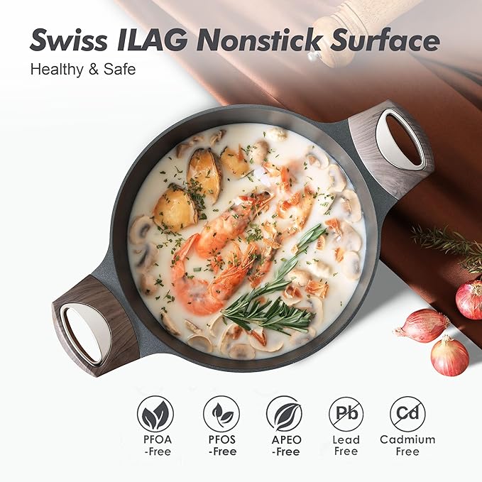 SENSARTE Nonstick Stock Pot with Lid, 2.6+4.5 QT Soup Pot Set Casserole Pot, Healthy Pasta Pot, Large Deep Cooking Pot, Big Sauce Pot Stew Pot, Induction Compatible, PFOA PFOS APEO Free, Black