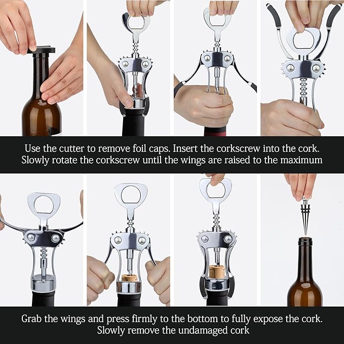 Wine Opener with Stopper, Cutter - Wine Bottle Opener Bundle, Zinc Alloy Wing Corkscrew Heavy Duty, Cork Screw Beer Opener for Bartenders, Multifunctional Bottle Opener for Kitchen, Restaurant, Bar