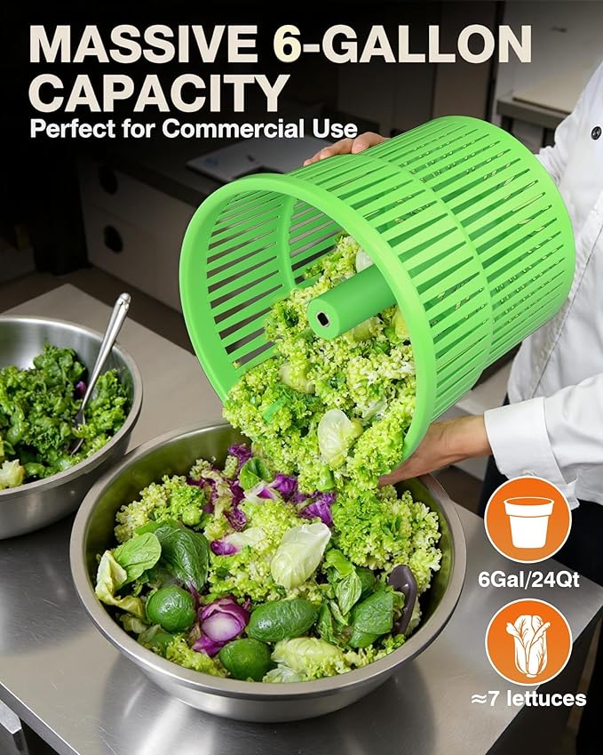 WantJoin Commercial Salad Spinner - 6 Gallon Salad Dryer w/Silicone Anti-slip Mat & Draining Hose, Green, 24Qt Manual Salad Spinner for up to 7 Heads of Lettuce Spinner Large for Catering
