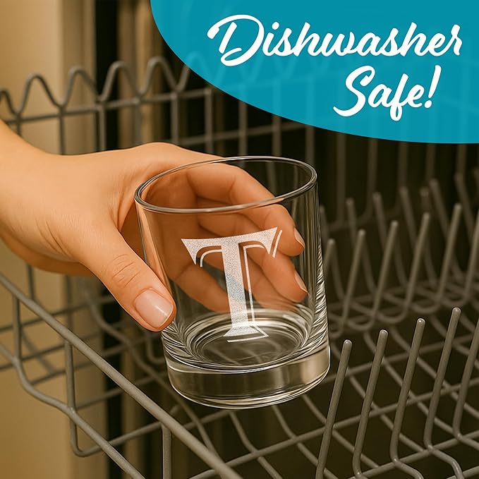 (T-Monogram)- 4 Piece Set of 11 Ounce Engraved Heavy Base Rocks Glasses Elegant Glass-Multi-Purpose Beverage-Rocks Glass- Gift for any Occasion- By: On The Rox