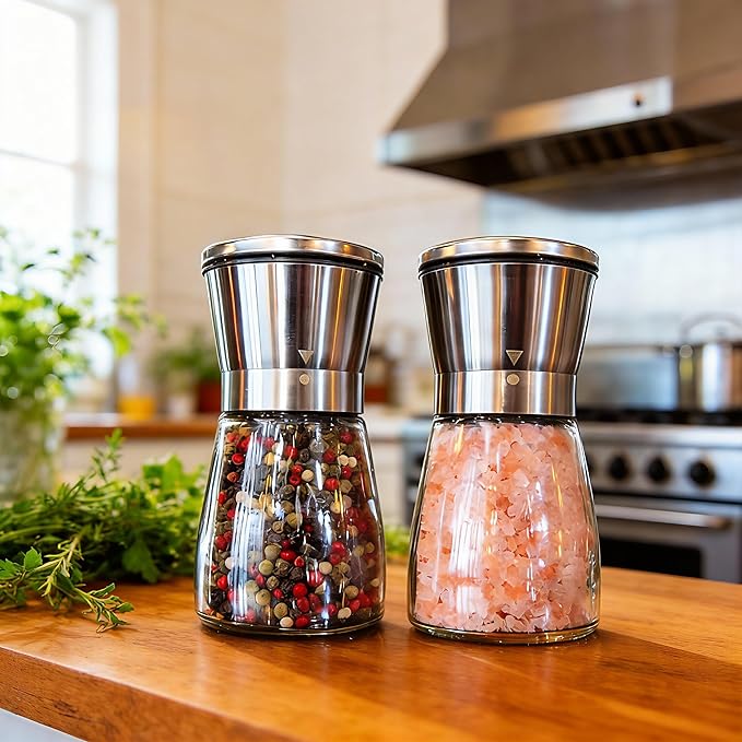 Gorgeous Salt & Pepper Grinder Set — Refillable Stainless Steel & Glass Spice Mill with Adjustable Coarseness — Perfect For Himalayan Or Sea Salts, Fresh Ground Pepper, Or Fresh Spices (2 Pack)