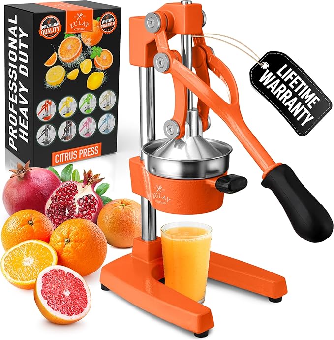 Zulay Kitchen Cast Iron Juicer - Easy-to-Clean Heavy-Duty Manual Juicer, Professional Citrus Juicer - Stainless Steel Lemon Squeezer - Manual Citrus Press & Orange Squeezer - Orange Juicer (Orange)