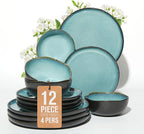Pokini Stoneware Dinnerware Sets, Kitchen Plates and Bowls Set, Ceramic Dish Set for 4, Modern Chip & Scratch Resistant Dishware Sets, Durable Reactive Glaze Dinner Set, Green Black